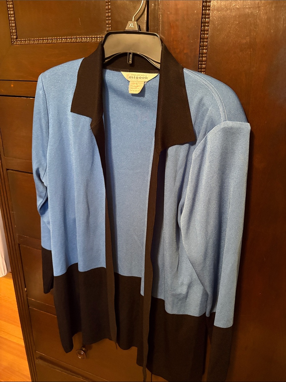 Misook Light Blue and Black Open-Front Cardigan
